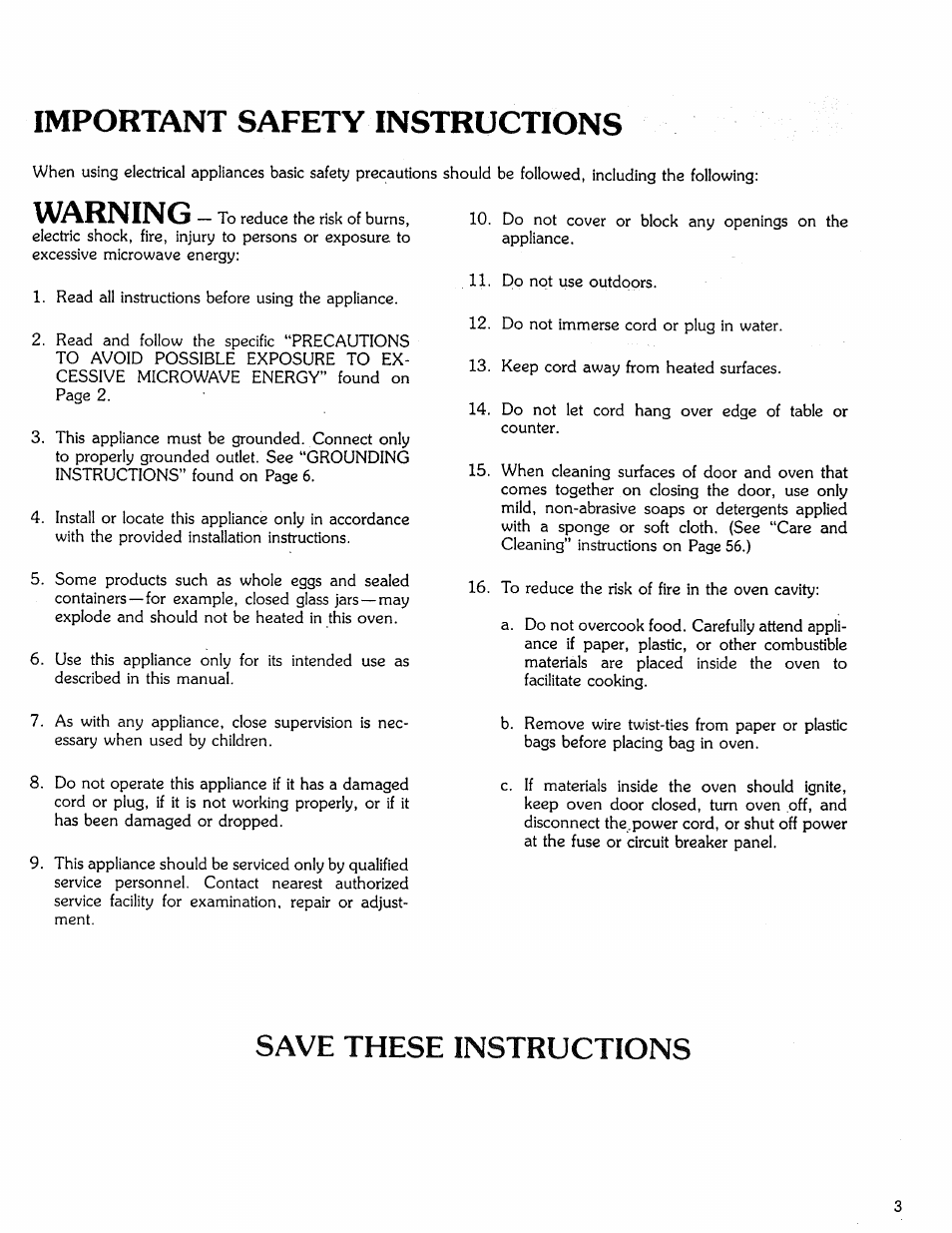 Save these instructions, Important safety instructions, Warning | Kenmore Microwave Oven User Manual | Page 3 / 60