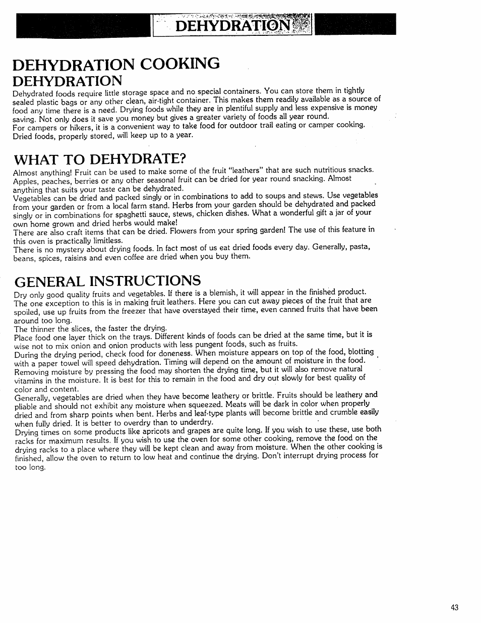 Dehydration cooking dehydration, What to dehydrate, General instructions | Kenmore Microwave Oven User Manual | Page 43 / 60