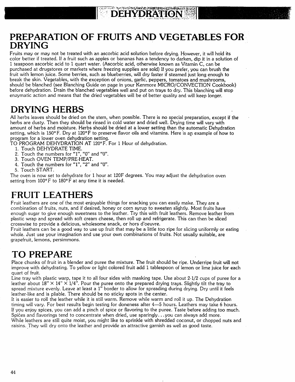 Preparation of fruits and vegetables for drying, Drying herbs, Fruit leathers | To prepare | Kenmore Microwave Oven User Manual | Page 44 / 60