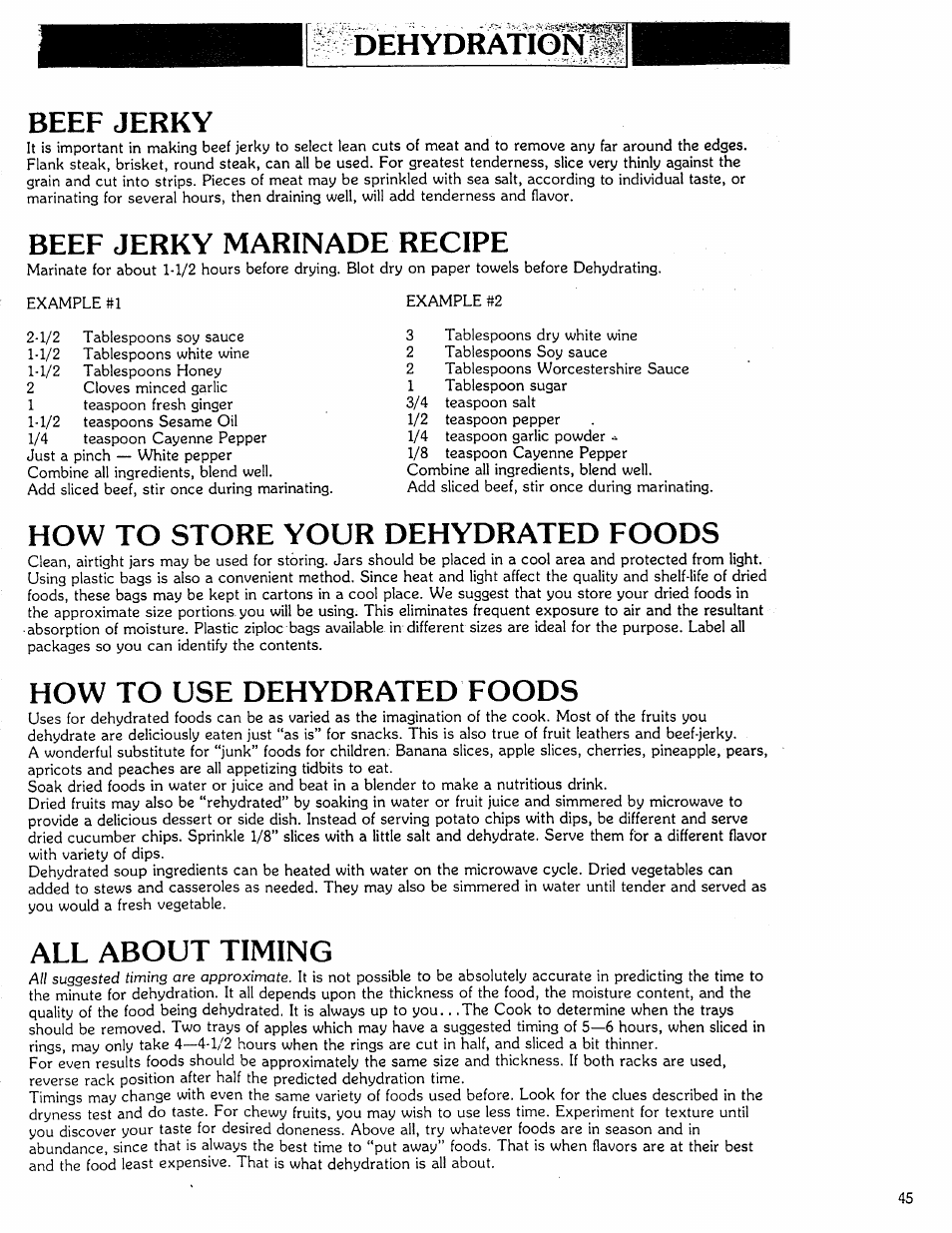 Dehydration, Beef jerky, Beef jerky marinade recipe | How to store your dehydrated foods, How to use dehydrated foods, All about timing, Dehydration» beef jerky | Kenmore Microwave Oven User Manual | Page 45 / 60