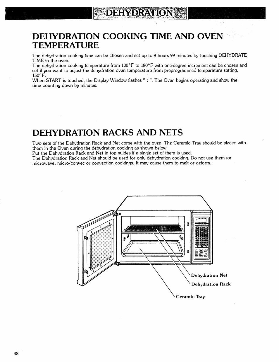 Dehydration cooking time and oven temperature, Dehydration racks and nets | Kenmore Microwave Oven User Manual | Page 48 / 60