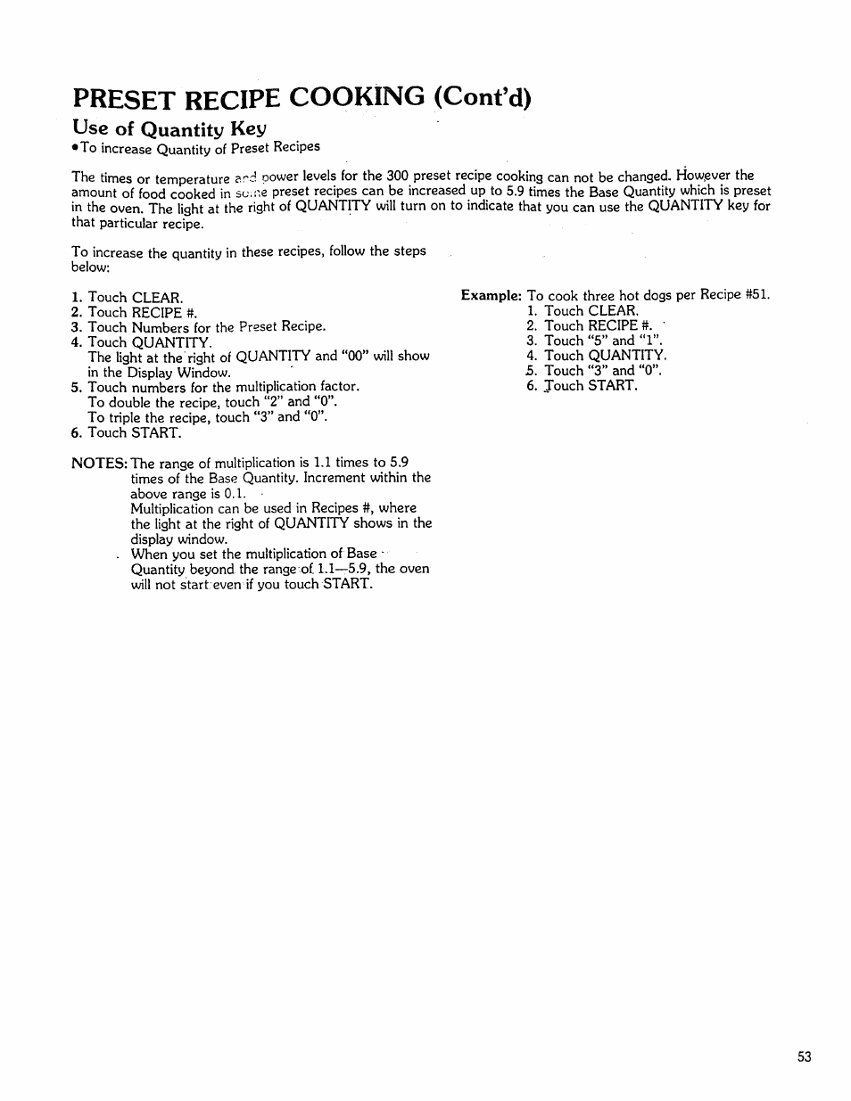 Use of quantity key, Preset recipe cooking (cont’d) | Kenmore Microwave Oven User Manual | Page 53 / 60