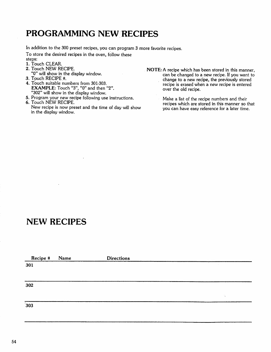 Programming new recipes, New recipes | Kenmore Microwave Oven User Manual | Page 54 / 60