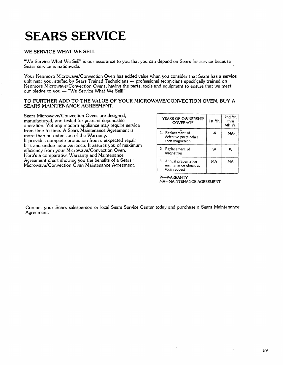 Sears service | Kenmore Microwave Oven User Manual | Page 59 / 60