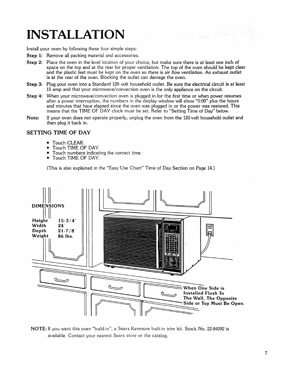 Installation, Setting time of day, Setting “time of day | Kenmore Microwave Oven User Manual | Page 7 / 60