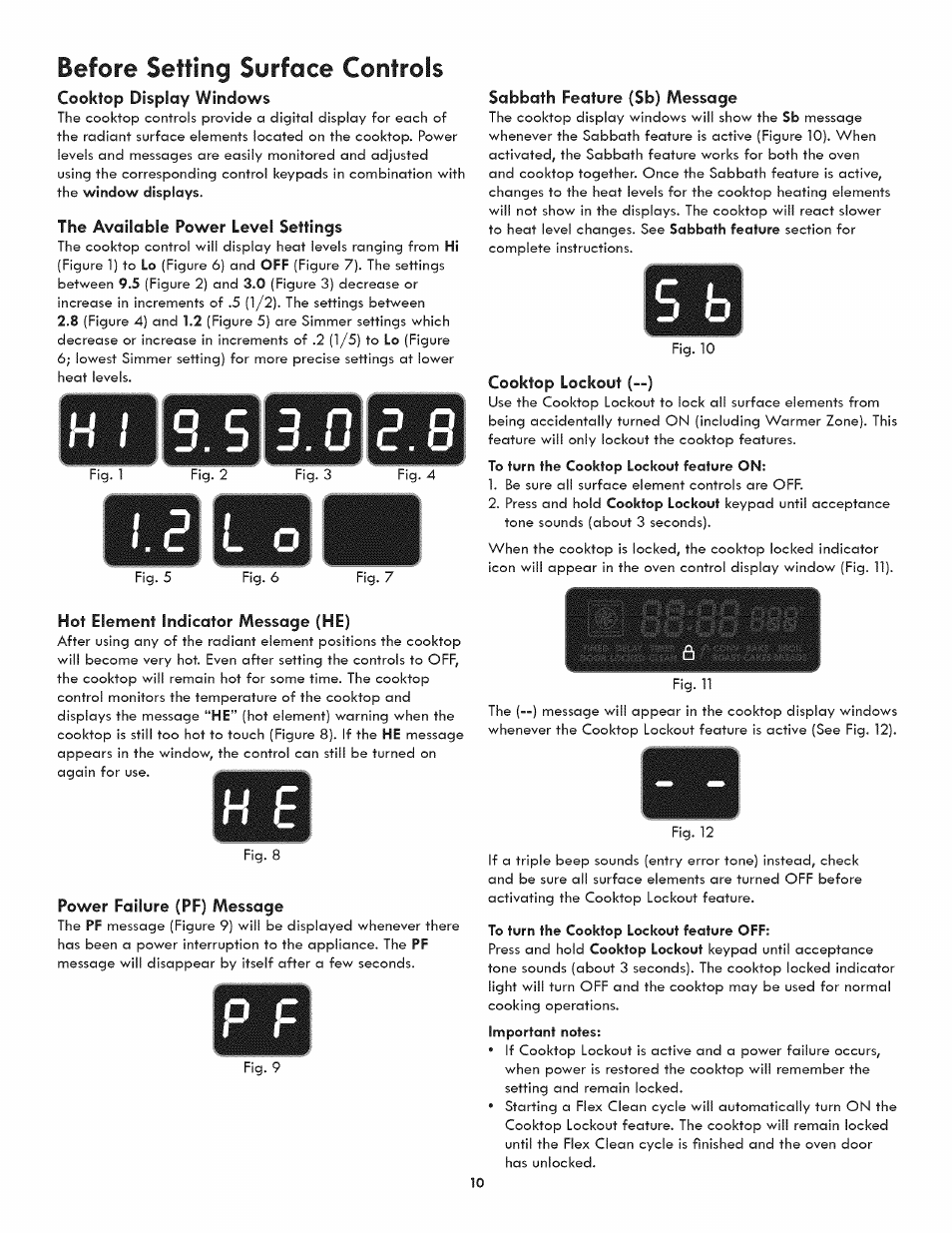 Cooktop display windows, The available power level settings, Hot element indicator message (he) | Power failure (pf) message, Sabbath feature (sb) message, Cooktop lockout (—), Before setting surface controls | Kenmore ELITE 790.4107 User Manual | Page 10 / 40