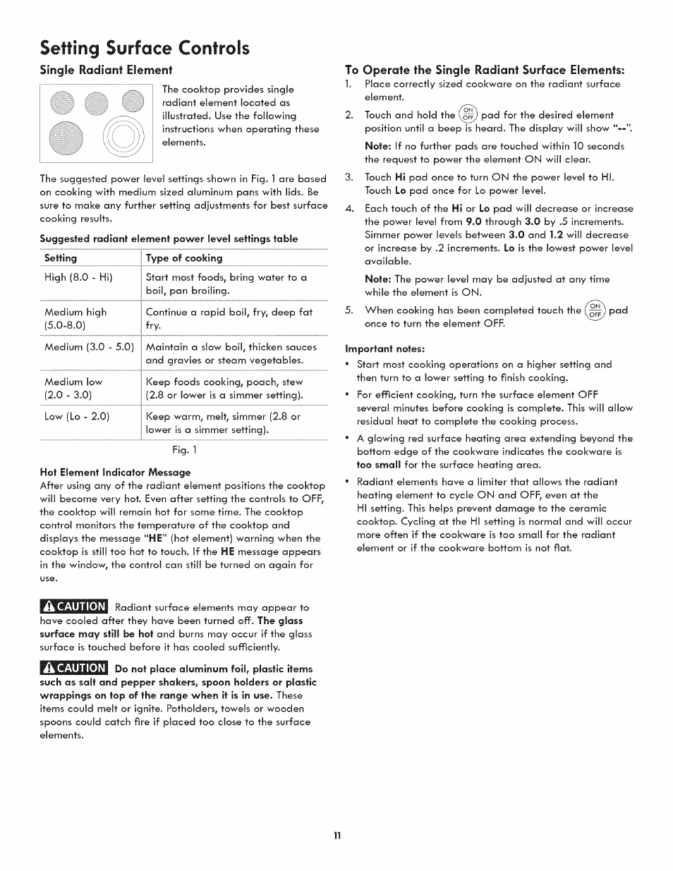 Single radiant element, To operate the single radiant surface elements, Setting surface controls | Kenmore ELITE 790.4107 User Manual | Page 11 / 40