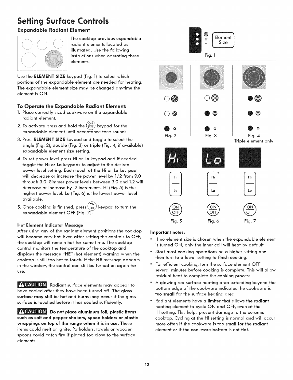 Expandable radiant element, To operate the expandable radiant element, Setting surface controls | Kenmore ELITE 790.4107 User Manual | Page 12 / 40