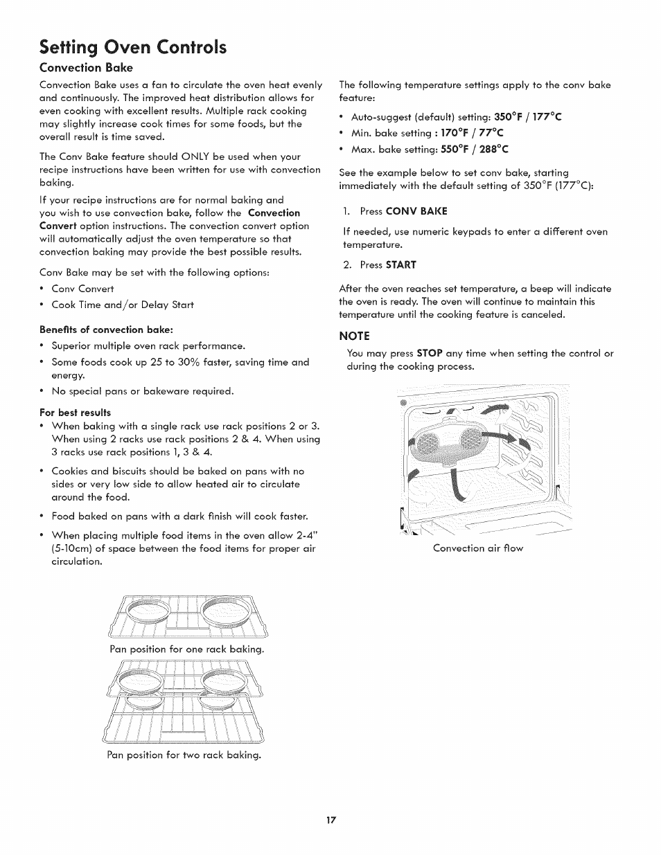 Convection bake, Note, Setting oven controls | Kenmore ELITE 790.4107 User Manual | Page 17 / 40