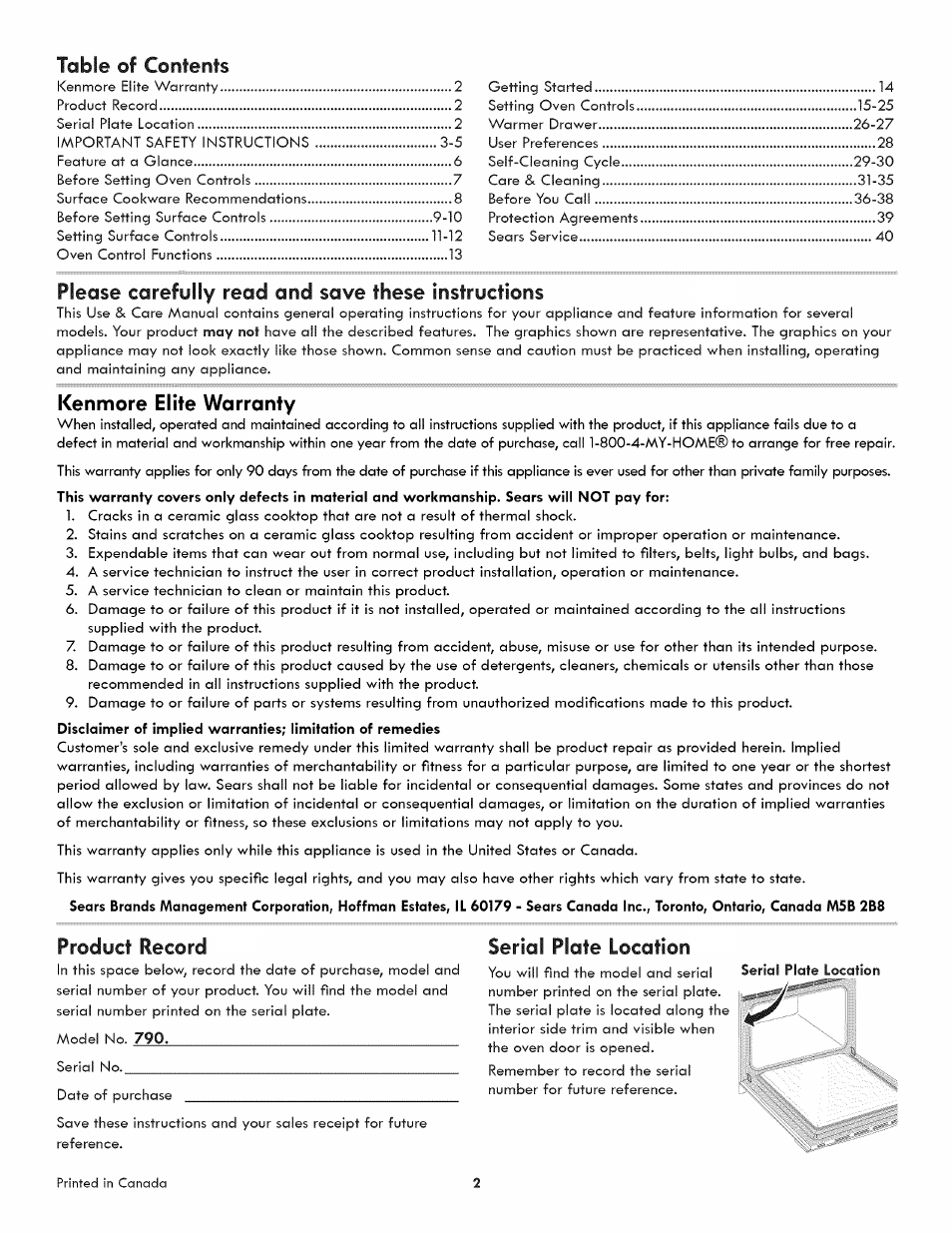 Tobie ©f contents, Please carefully read and save these instructions, Kenmore elite warranty | Product record, Serial plate location | Kenmore ELITE 790.4107 User Manual | Page 2 / 40