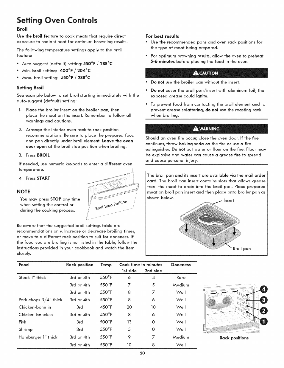 Broil, Setting broil, For best results | Ik caution, Warning, Setting oven controls | Kenmore ELITE 790.4107 User Manual | Page 20 / 40