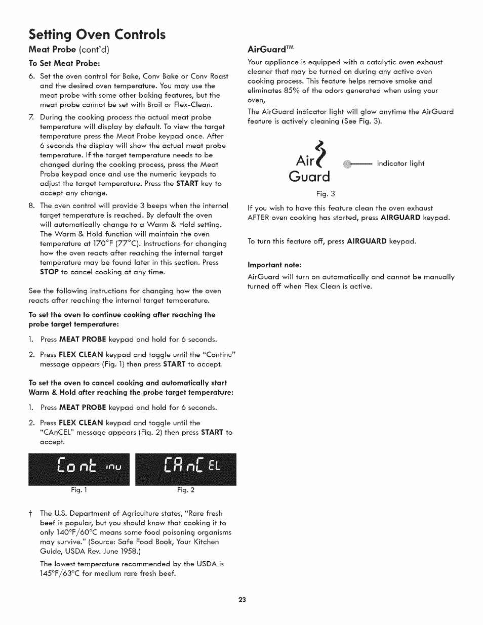 Meat probe (cont’d), To set meat probe, Fl nc fi | Setting oven controls, Guard, O n f c | Kenmore ELITE 790.4107 User Manual | Page 23 / 40