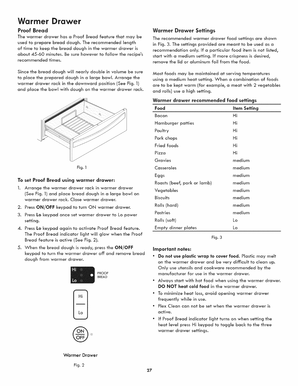 Proof bread, To set proof bread using warmer drawer, Warmer drawer settings | Important notes, Warmer drawer, Warmer drawer recommended food settings | Kenmore ELITE 790.4107 User Manual | Page 27 / 40