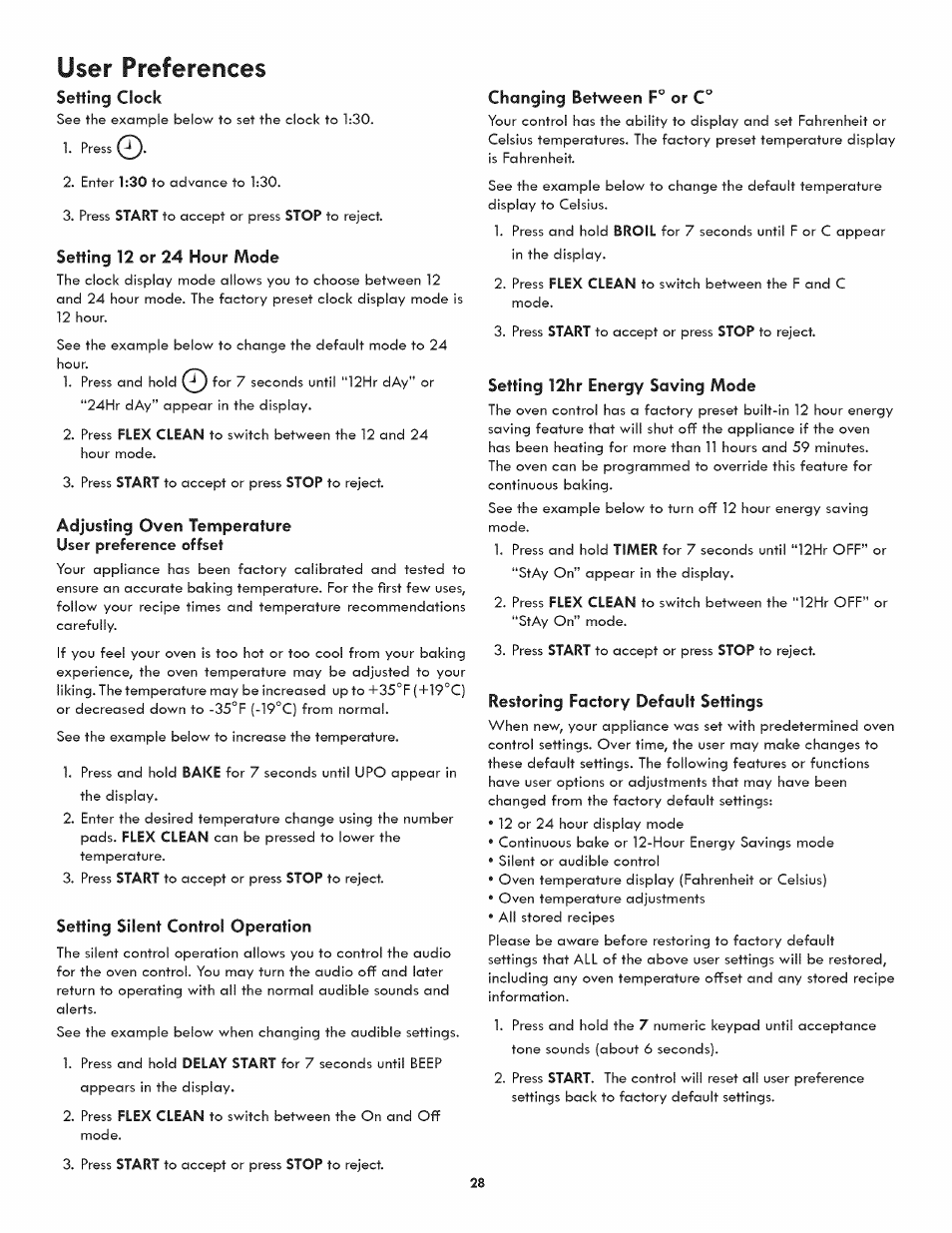 Setting clock, Setting 12 or 24 hour mode, Adjusting oven temperature user preference offset | Setting silent control operation, Changing between f° or c, Setting 12hr energy saving mode, Restoring factory default settings, User preferences | Kenmore ELITE 790.4107 User Manual | Page 28 / 40