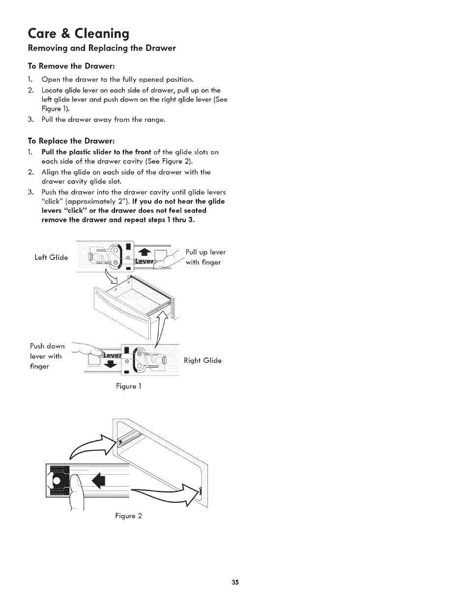 To remove the drawer, To replace the drawer, Care & cleaning | Kenmore ELITE 790.4107 User Manual | Page 35 / 40