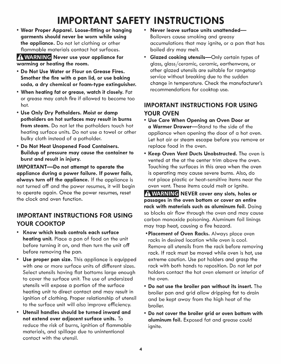Important safety instructions, Never leave surface units unattended, Important instructions for using your cooktop | Important instructions for using your oven | Kenmore ELITE 790.4107 User Manual | Page 4 / 40