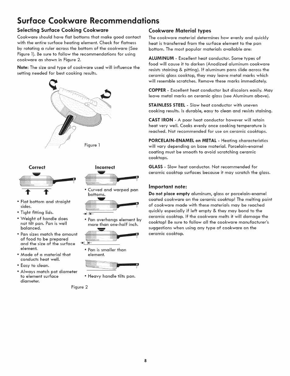 Selecting surface cooking cookware, Cookware material types, Important note | Surface cookware recommendations, Correct incorrect | Kenmore ELITE 790.4107 User Manual | Page 8 / 40