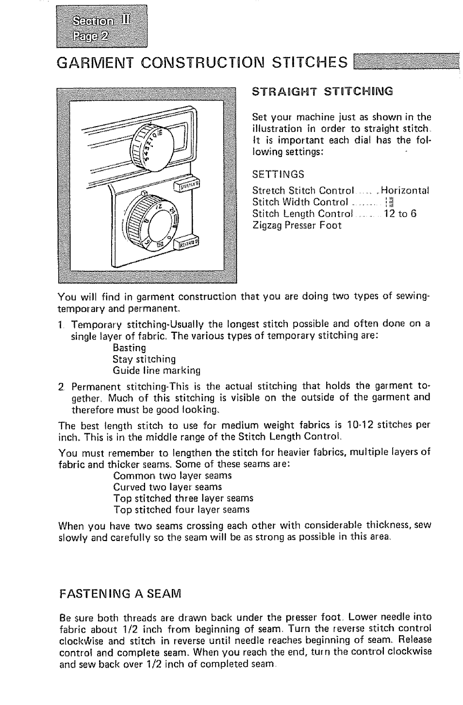 Garment construction stitches, Gasli0i! il, Straight stotchowg | Fastening a seam | Kenmore 1232 User Manual | Page 24 / 44