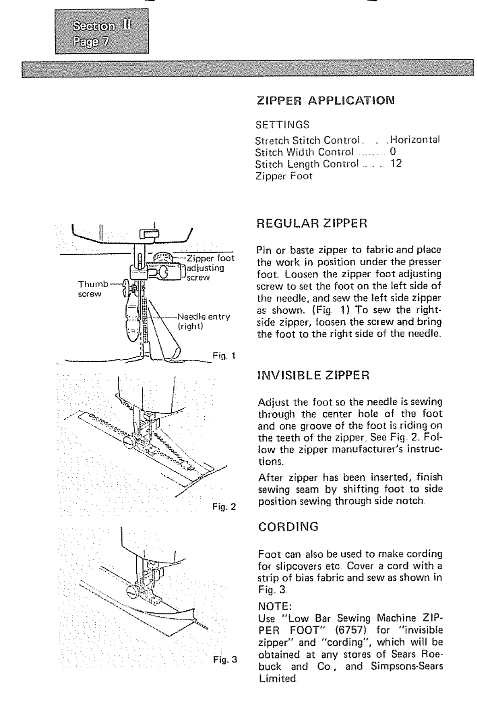 Zipper applicatiow, Regular zipper, Invisible zipper | Cording | Kenmore 1232 User Manual | Page 30 / 44