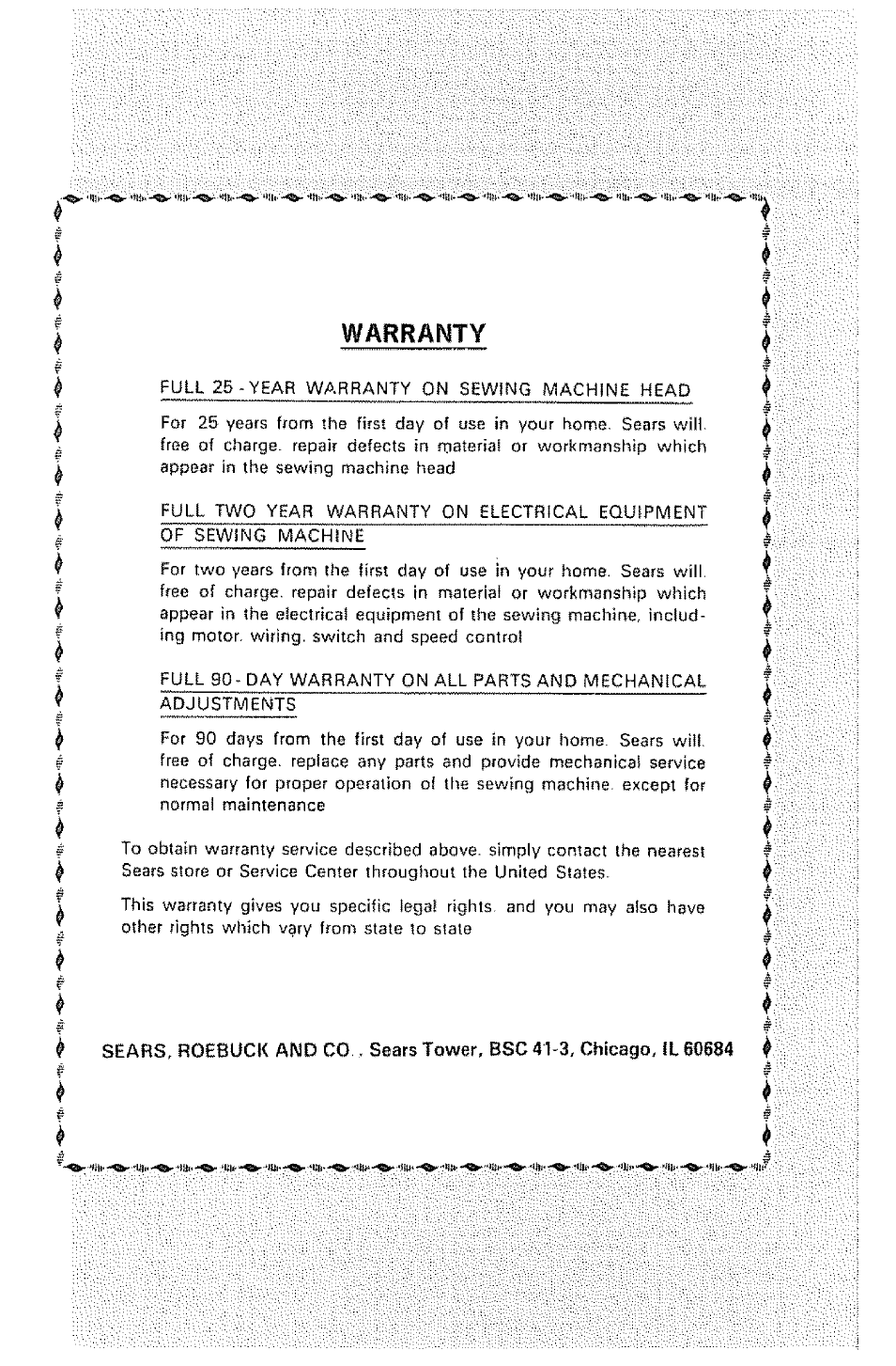 Warranty | Kenmore 1232 User Manual | Page 43 / 44