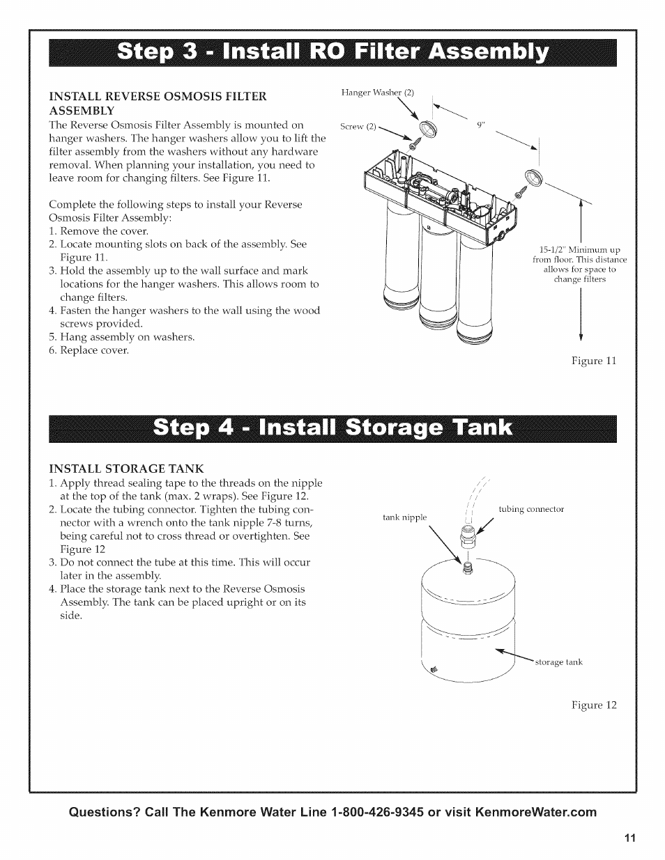 Install reverse osmosis eieter assembey, Instaee storage tank, Step 3-lnstall reverse osmosis filter assembly | Step 3 - instali ro filter assembly, Step 4 - install storage tank | Kenmore 625.38156 User Manual | Page 11 / 28