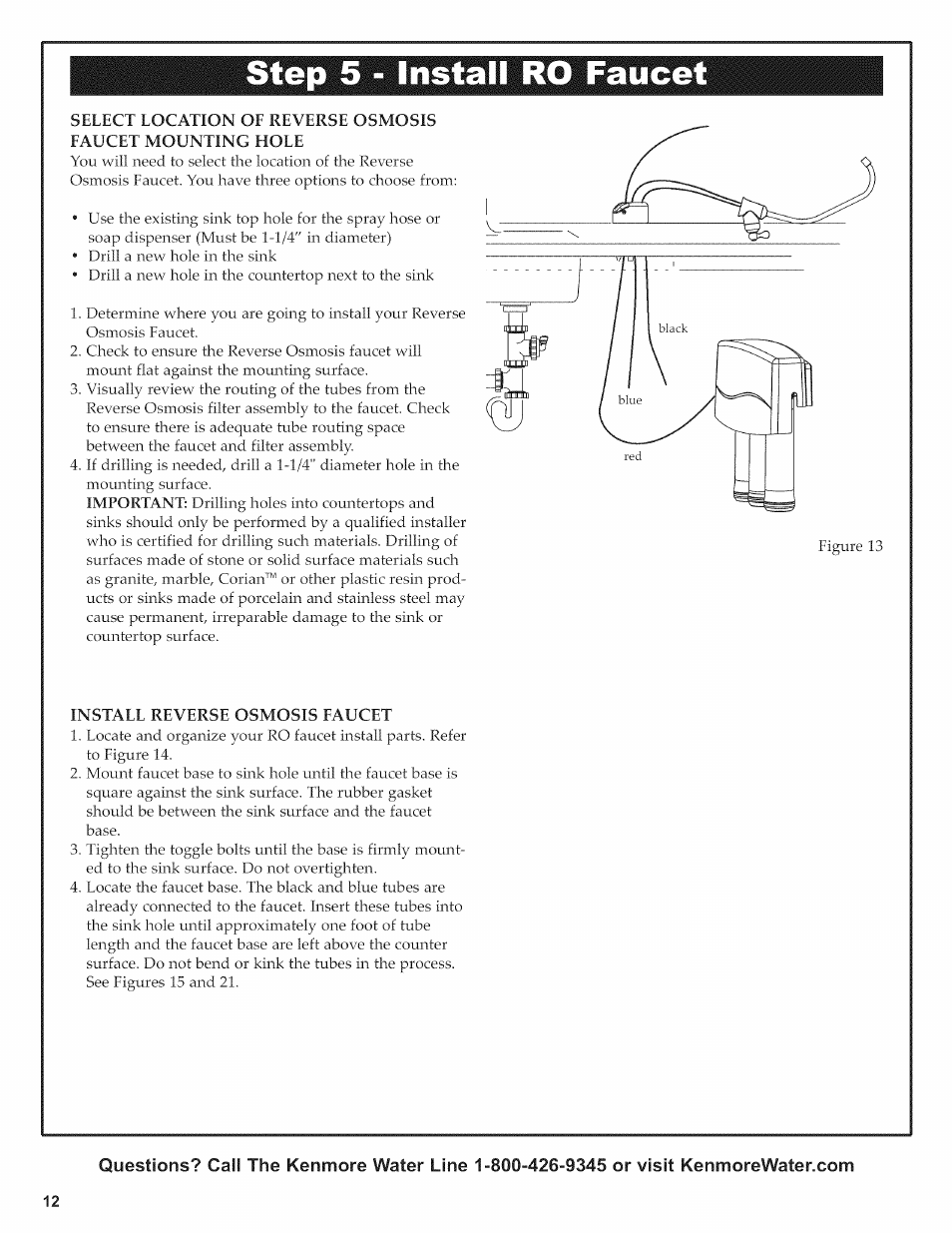 Install reverse osmosis eaucet, Step 2-lnstall reverse osmosis drain -10, Step 5 - install ro faucet | Kenmore 625.38156 User Manual | Page 12 / 28