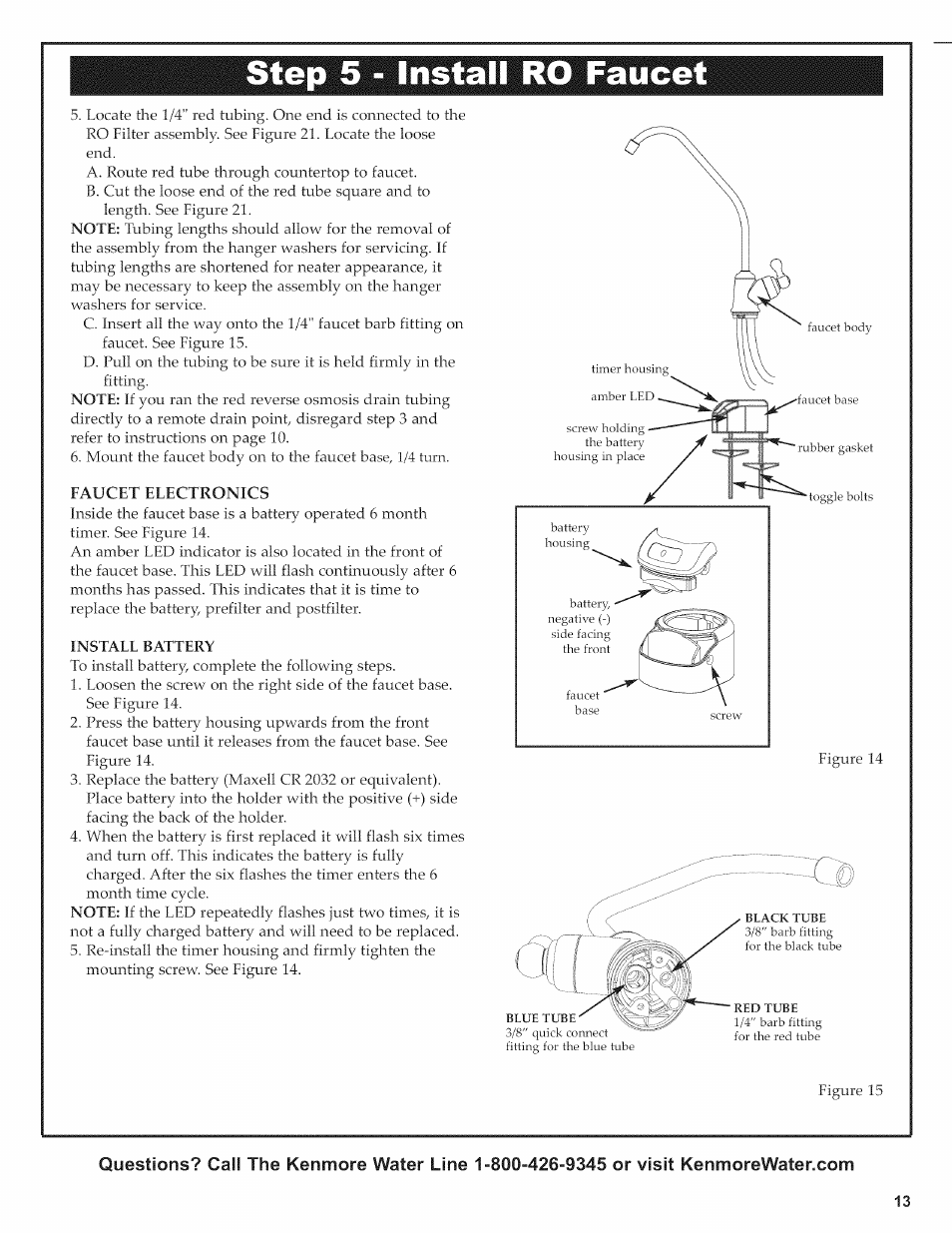Faucet electronics, Step 5 - install ro faucet | Kenmore 625.38156 User Manual | Page 13 / 28