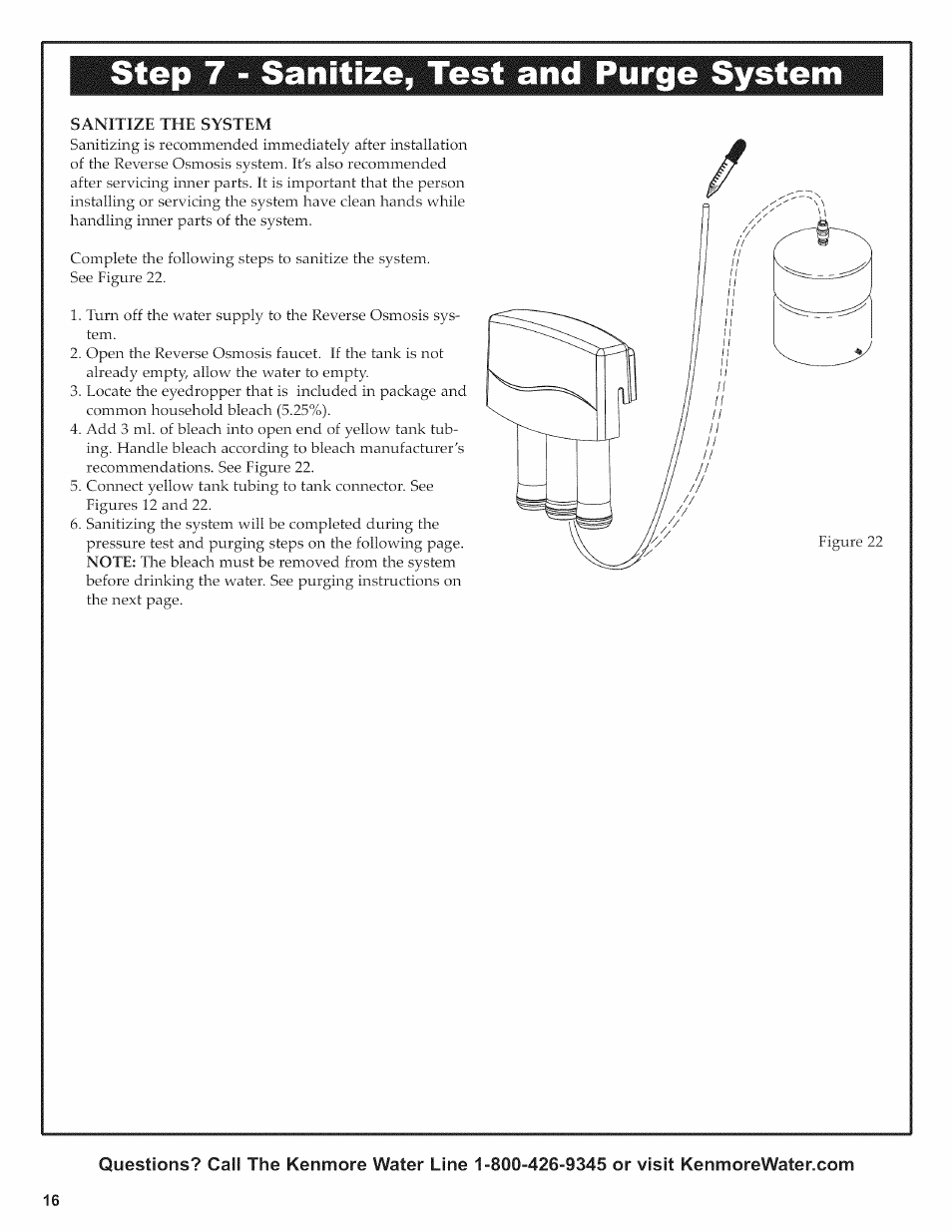 Step 7, Sanitize the system, Step 7 - ize, test and purge system | Kenmore 625.38156 User Manual | Page 16 / 28