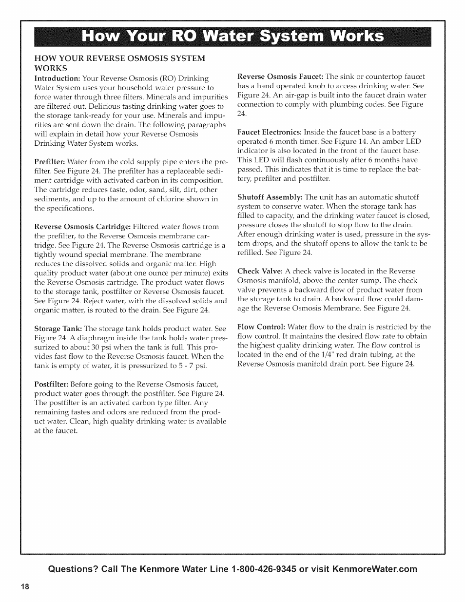 How your reverse osmosis system, How your reverse osmosis water system works -19, How your ro water system works | Kenmore 625.38156 User Manual | Page 18 / 28