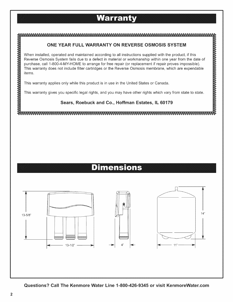 Warranty, Dimensions | Kenmore 625.38156 User Manual | Page 2 / 28