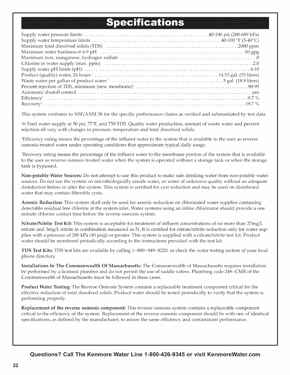 Specifications | Kenmore 625.38156 User Manual | Page 22 / 28