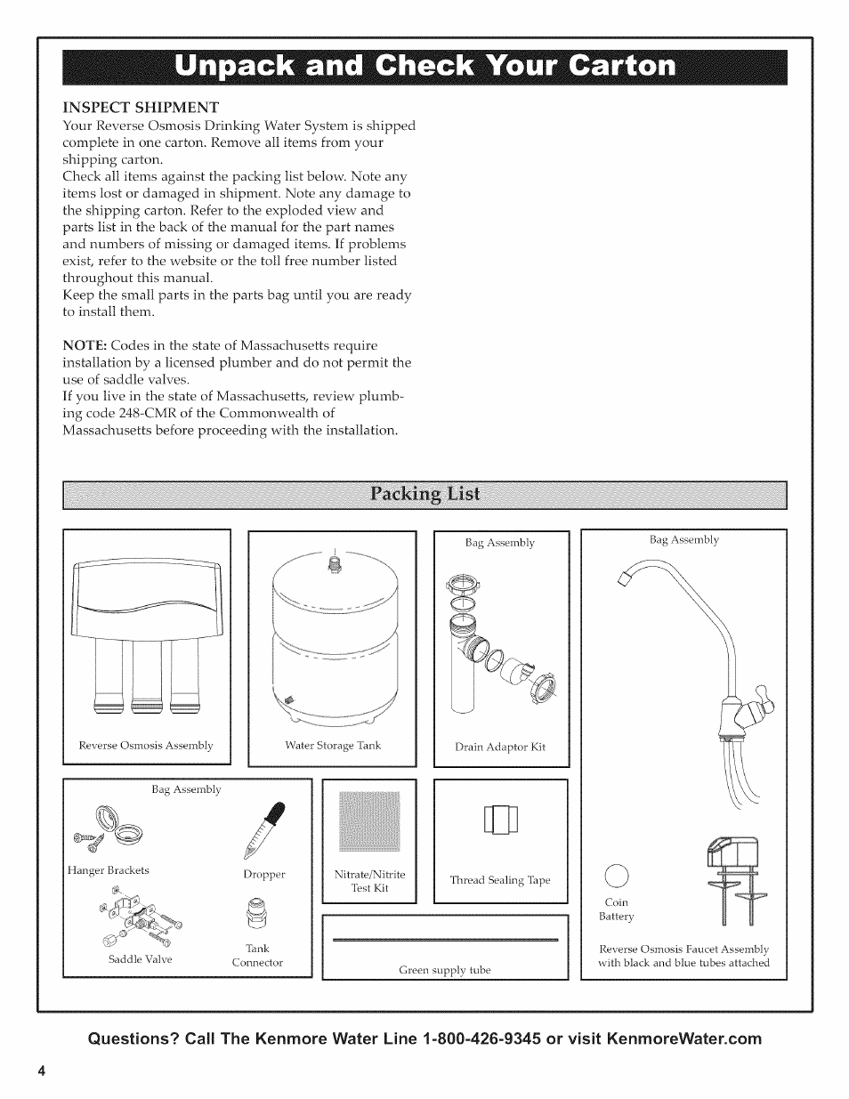 Inspect shipment, Packing list, Unpack and check your carton | Kenmore 625.38156 User Manual | Page 4 / 28