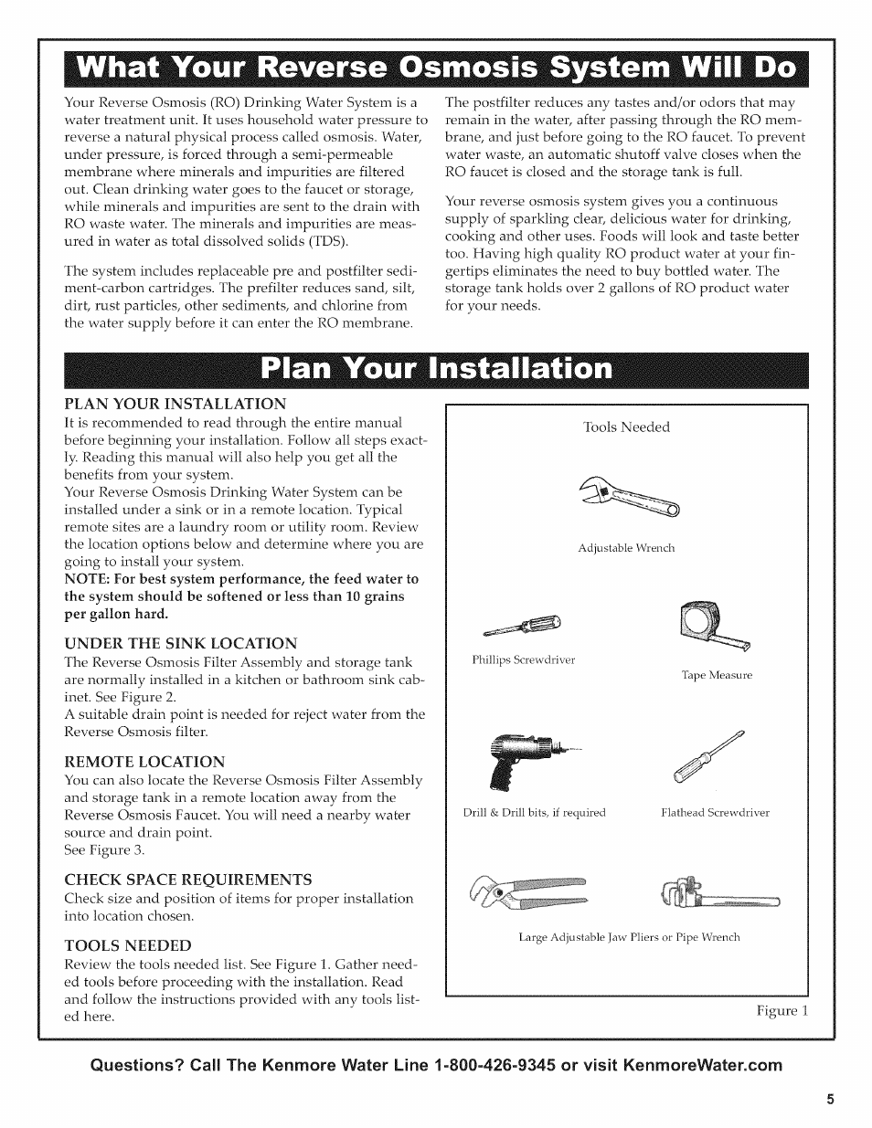 Plan your installation, Under the sink eocation, Remote eocation | Check space requirements, Tooes needed, Plan your installation -6, What your reverse osmosis system will do | Kenmore 625.38156 User Manual | Page 5 / 28