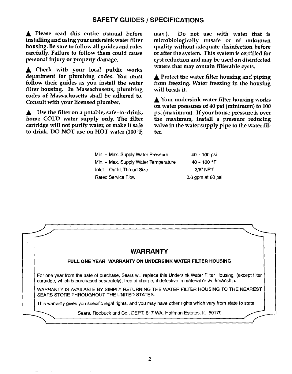 Safety guides / specifications, Warranty | Kenmore 625.3845 User Manual | Page 2 / 12