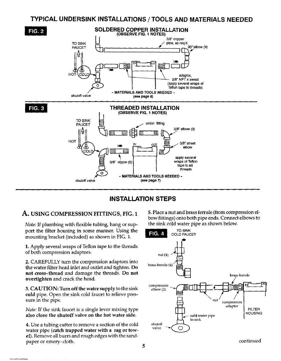 Soldered copper installation, Fig.3, Using compression fittings, fig, 1 | Installation steps a | Kenmore 625.3845 User Manual | Page 5 / 12