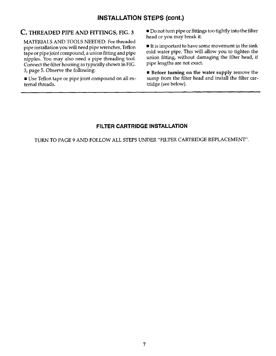 C. threaded pipe and fittings, fig. 3, Filter cartridge installation, Threaded pipe and fittings, fig. 3 | Kenmore 625.3845 User Manual | Page 7 / 12