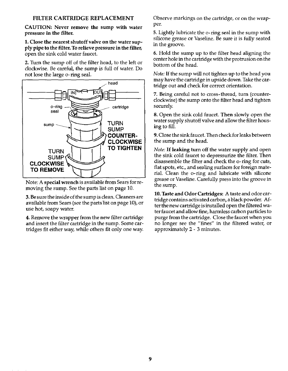 Filter cartridge replacement | Kenmore 625.3845 User Manual | Page 9 / 12