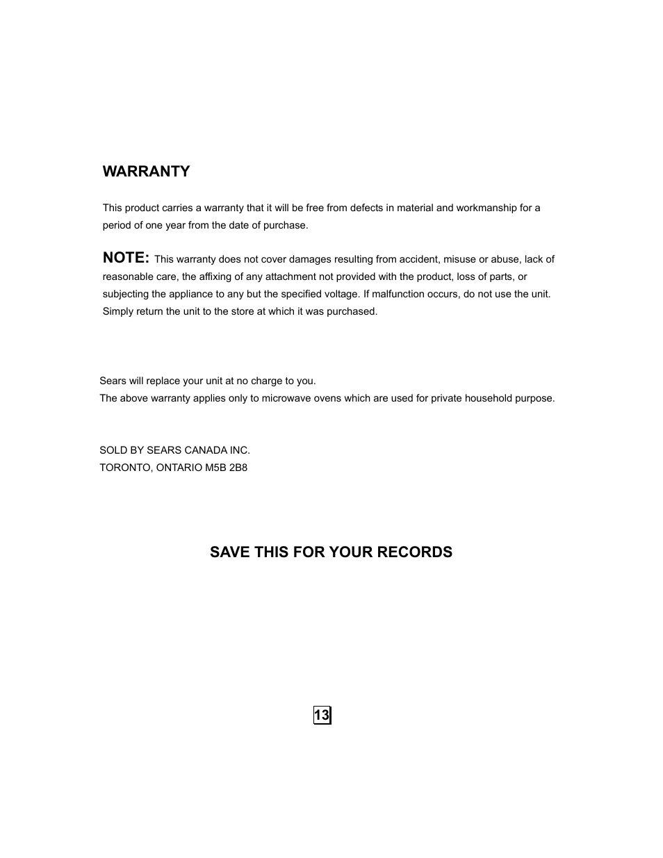 Warranty, Save this for your records | Kenmore 87103 User Manual | Page 14 / 14