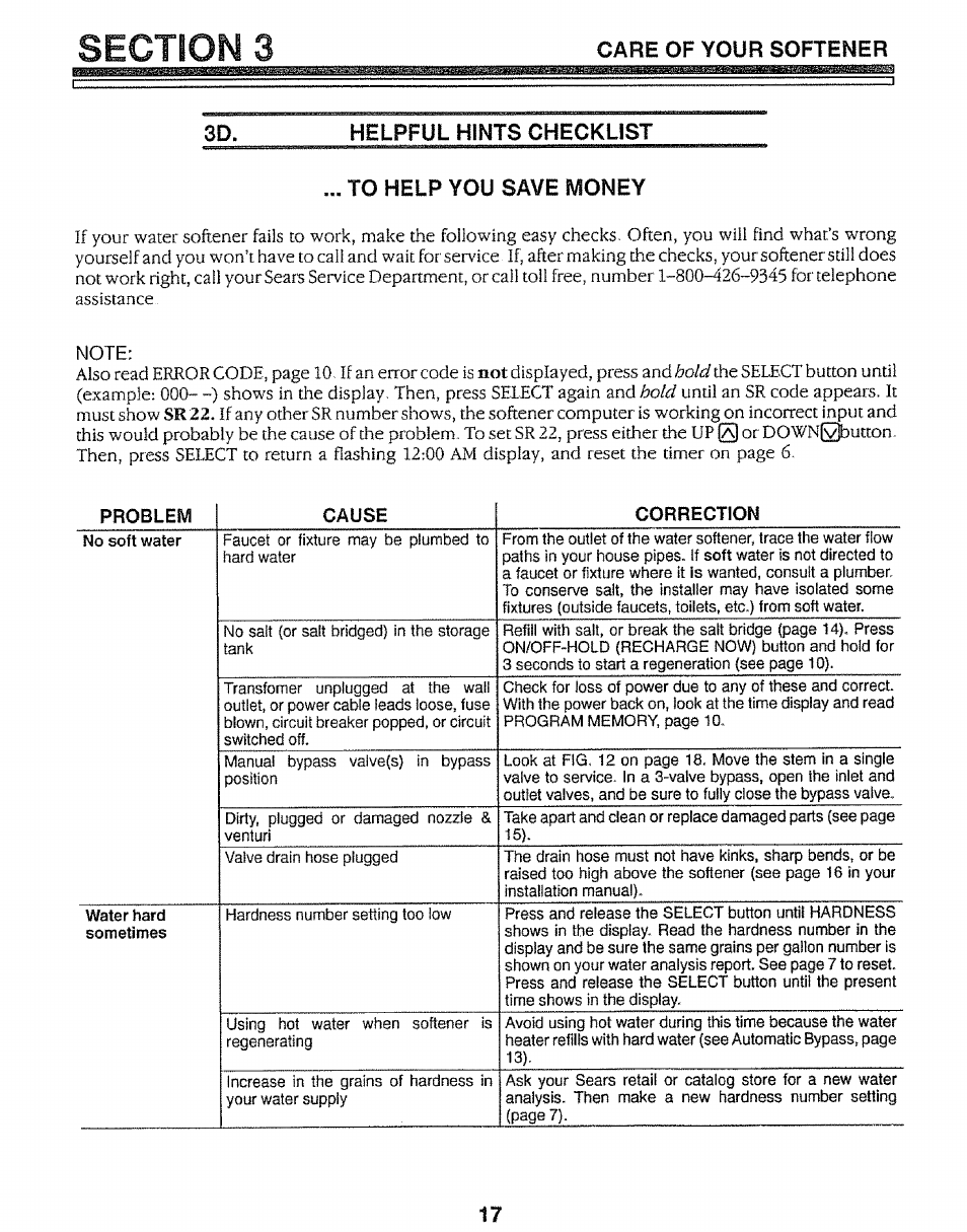 Helpful hints checklist ... to help you save money, Care of your softener | Kenmore 625.34847 User Manual | Page 17 / 32