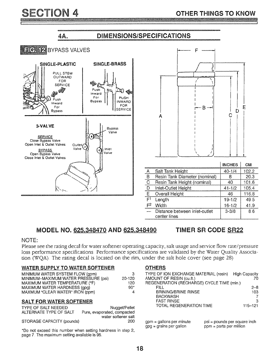 Dimensions/specifigations, Model no. 625.348470 and 625.348490, 4a. dimensions/specifigations | Other things to know, Bypass valyes | Kenmore 625.34847 User Manual | Page 18 / 32