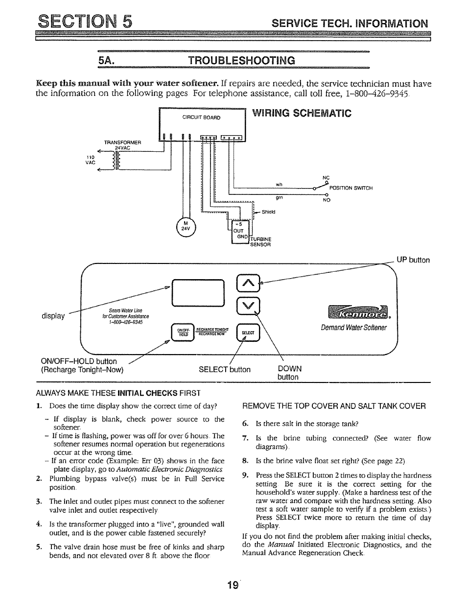 5â. troubleshooting, Demand water softener, Service tech. information | Kenmore 625.34847 User Manual | Page 19 / 32