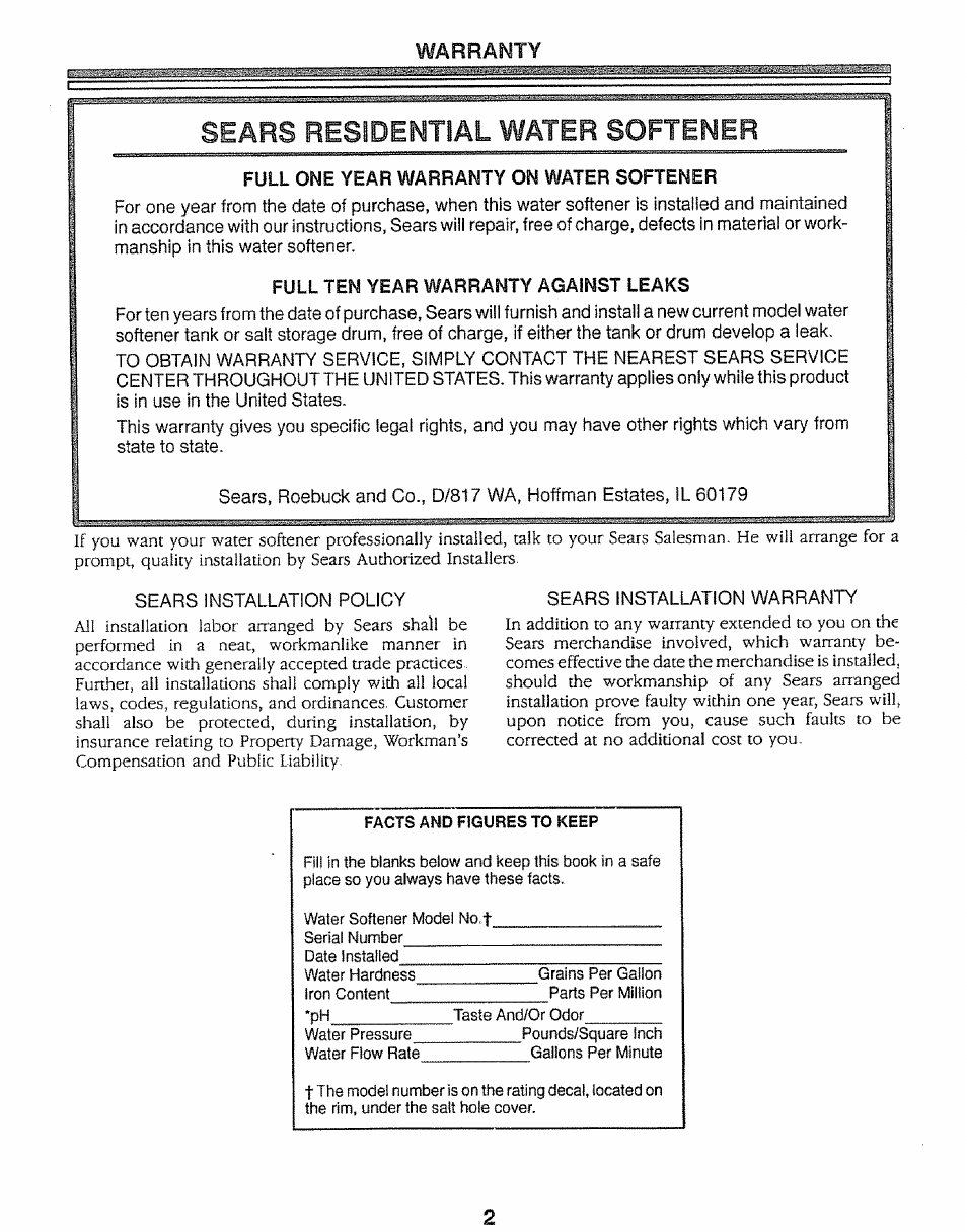 Sears residential water softener, Full one year warranty on water softener, Full ten year warranty against leaks | Warranty | Kenmore 625.34847 User Manual | Page 2 / 32