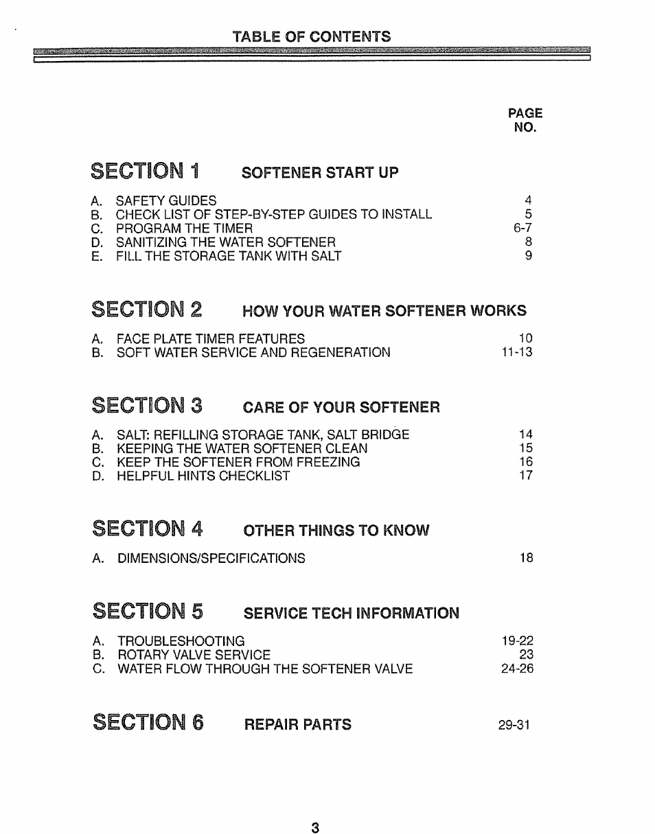 Section 1 softener start up, Section 4 other things to know, Section 5 service tech information | Kenmore 625.34847 User Manual | Page 3 / 32