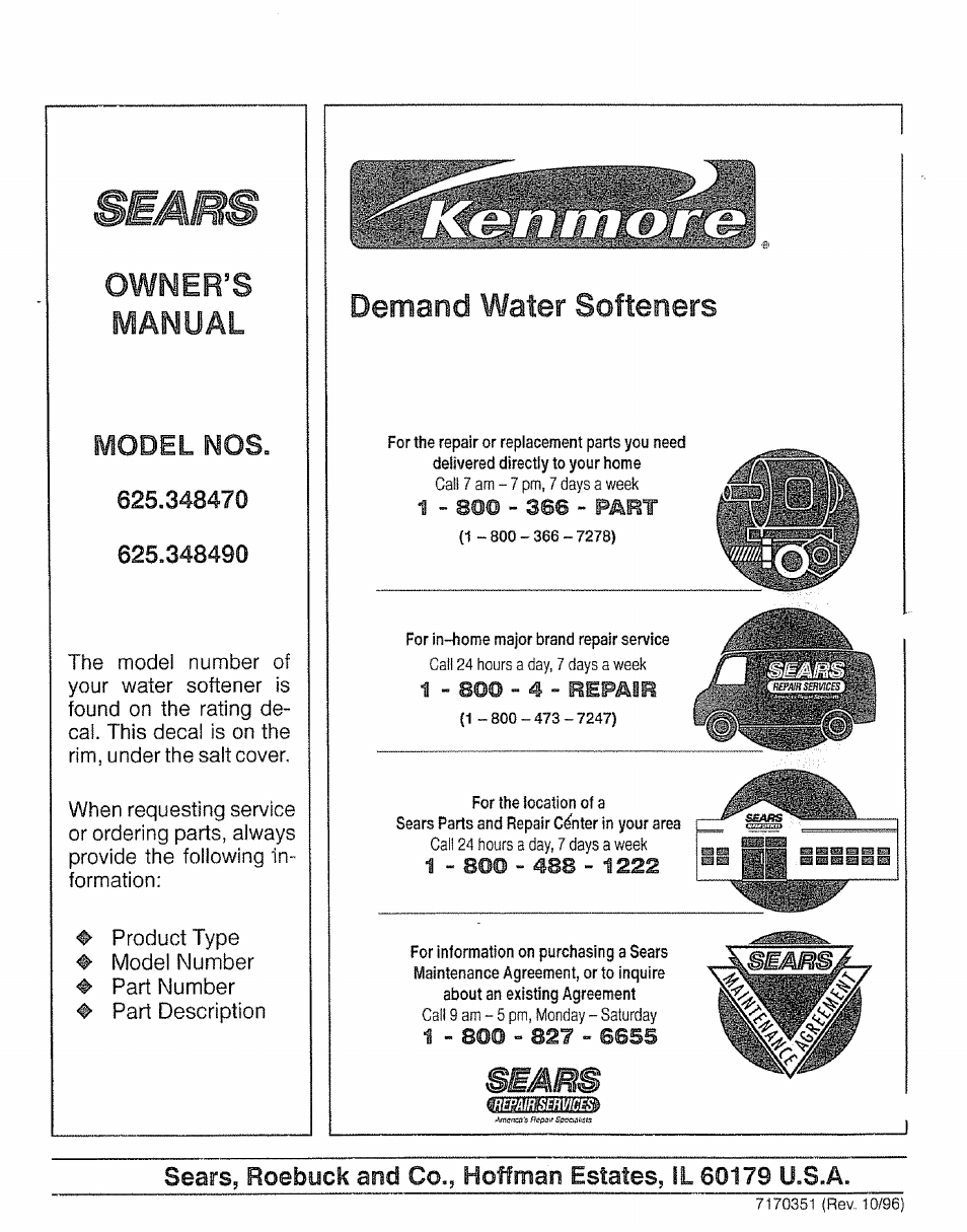 Model nos, Owner’s manual, Demand water softeners | 1 - 80© - 4 - repair | Kenmore 625.34847 User Manual | Page 32 / 32