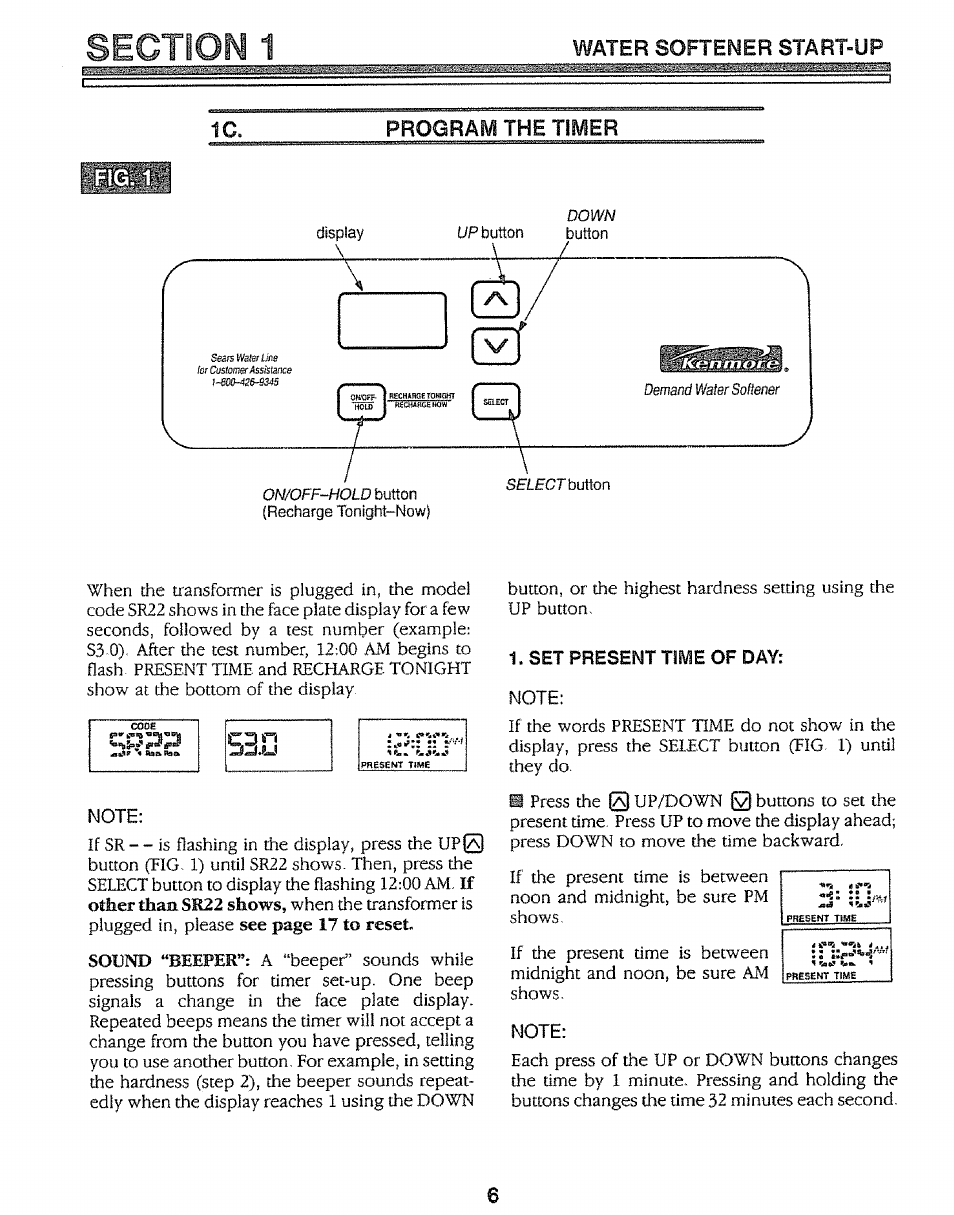 Program the timer, Note, Set present time of day | Water softener start-up 1c. program the timer | Kenmore 625.34847 User Manual | Page 6 / 32