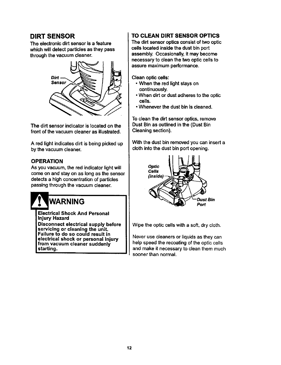 Dirt sensor, Warning | Kenmore ASPIRADORA 116.34728 User Manual | Page 12 / 44