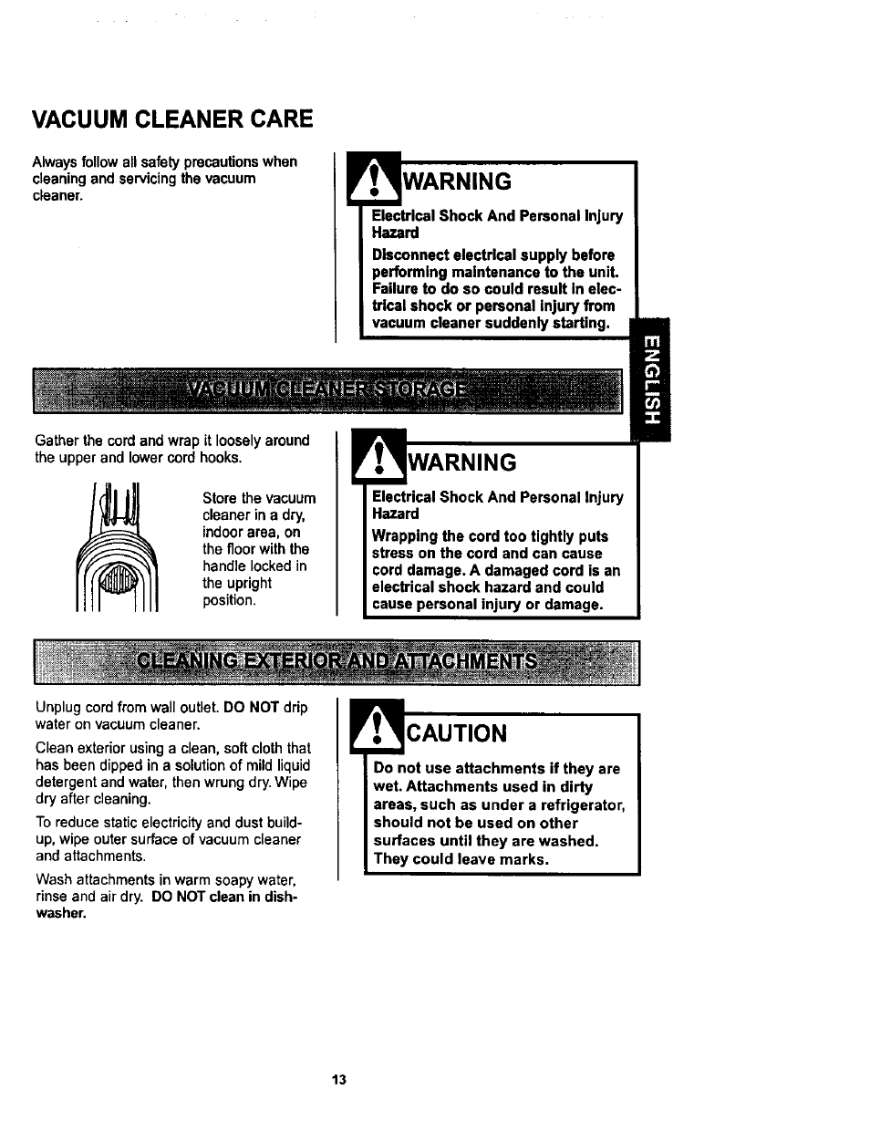 Vacuum cleaner care, Warning, Caution | Kenmore ASPIRADORA 116.34728 User Manual | Page 13 / 44