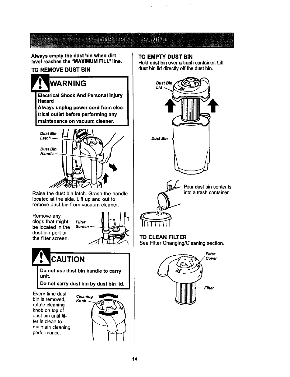 Warning, Caution | Kenmore ASPIRADORA 116.34728 User Manual | Page 14 / 44