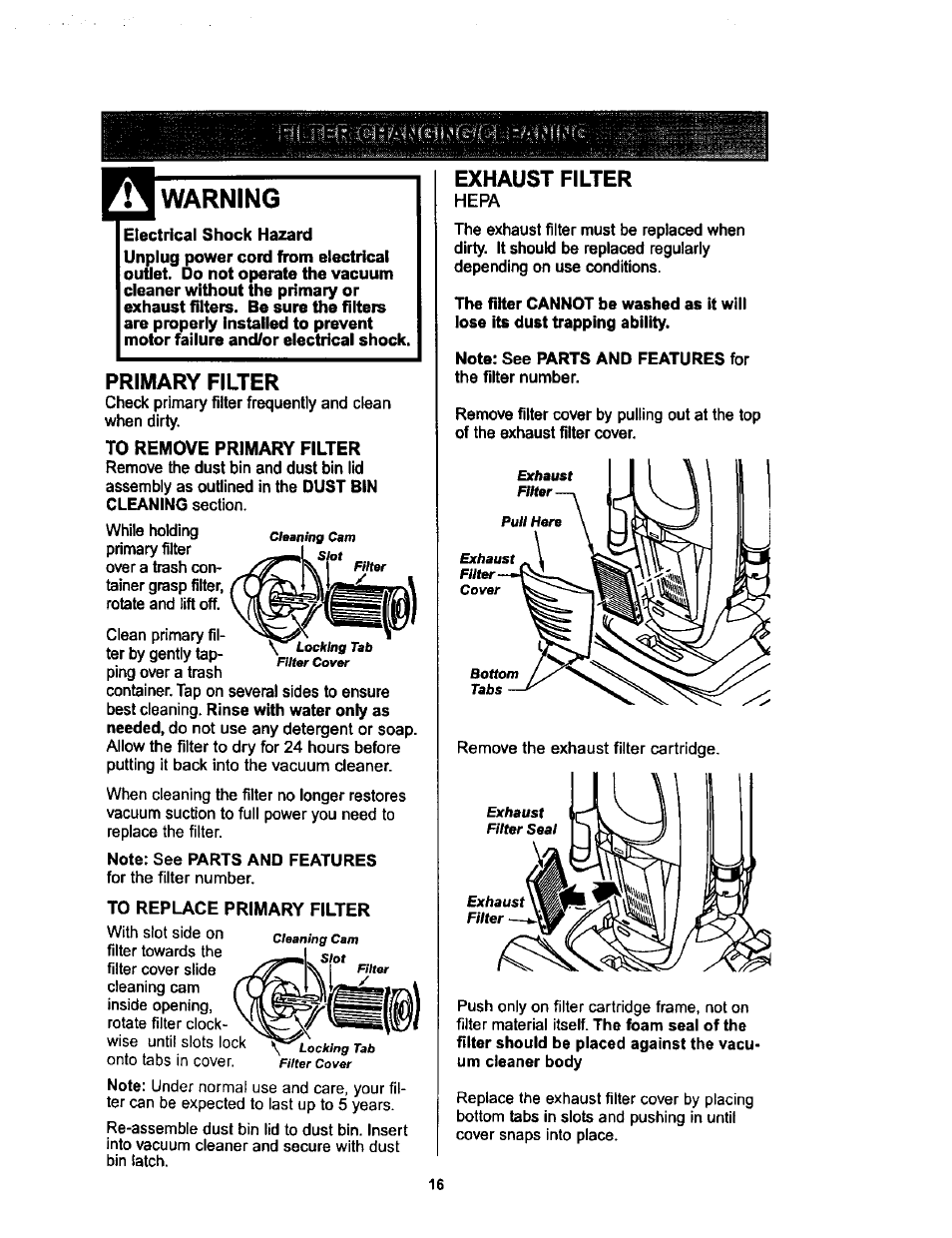 Warning, Primary filter, Exhaust filter | Kenmore ASPIRADORA 116.34728 User Manual | Page 16 / 44