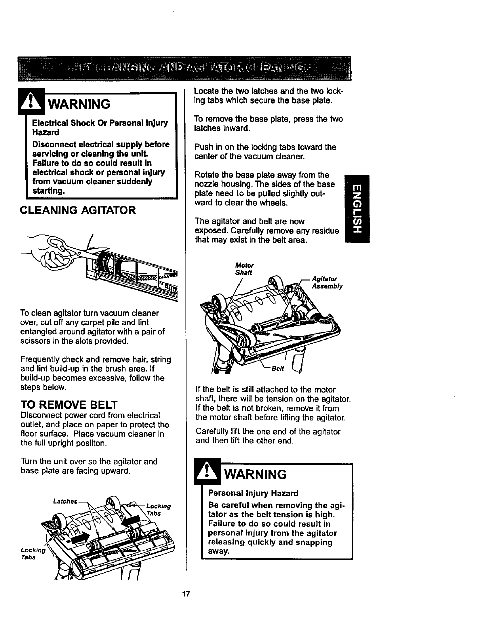 Warning, Cleaning agitator, To remove belt | Kenmore ASPIRADORA 116.34728 User Manual | Page 17 / 44